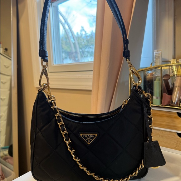 Prada Handbags - Re-Nylon Saffiano Quilted Mini Re-Edition 1995 Chaine Shoulder Bag Black